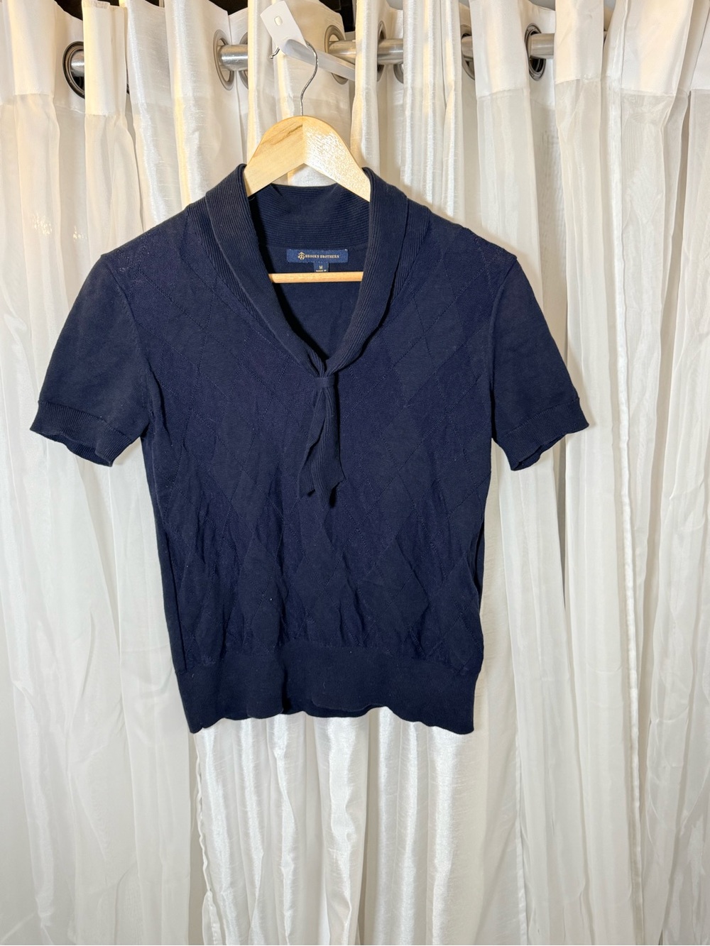 Brooks Brothers Navy Short-Sleeve Tie-Neck Sweater